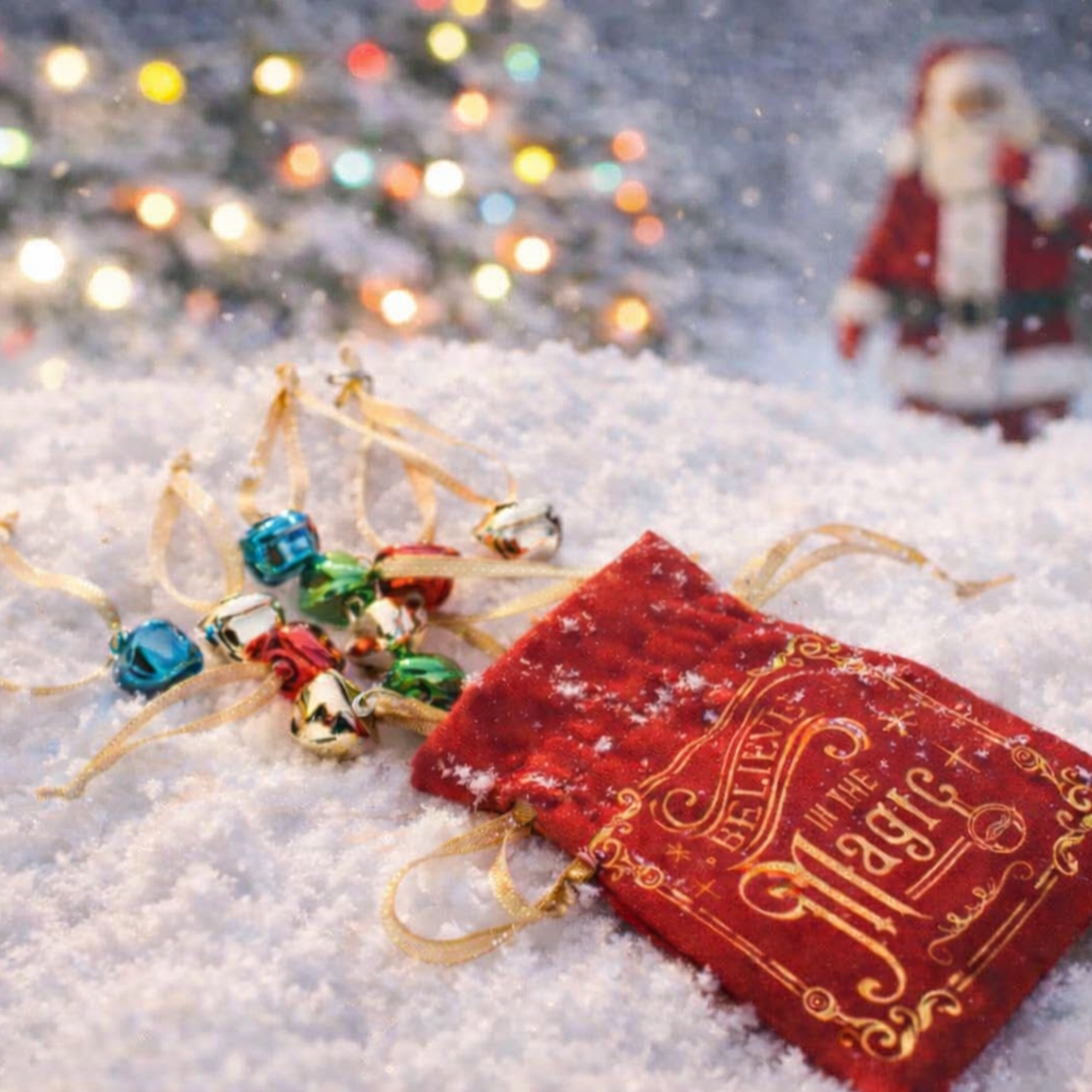 Bag of 10 Bells in Velvet BELIEVE Pouch for Santa Visit Giveaways