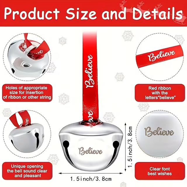 Set of 10 Silver BELIEVE Bells on Red Satin Ribbon