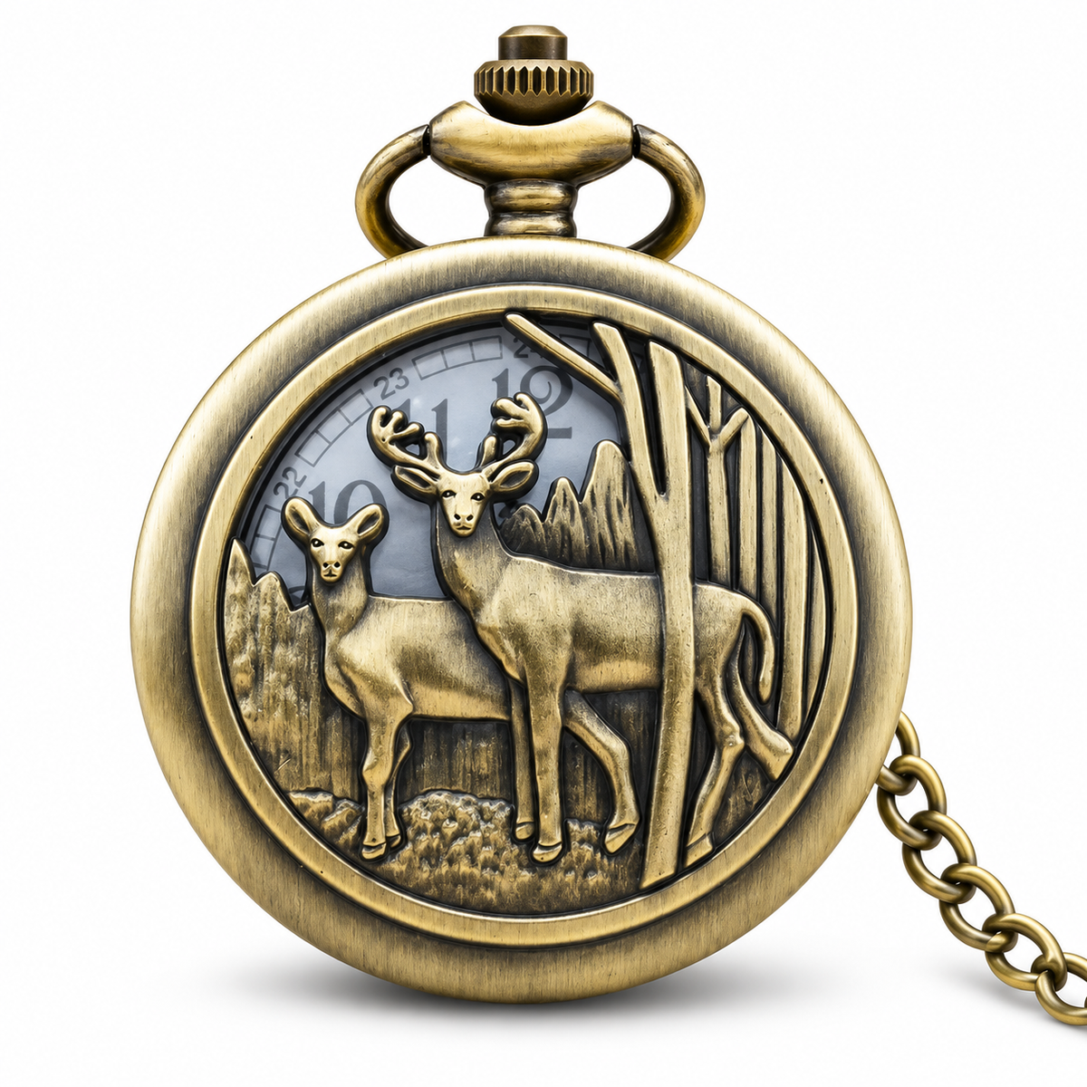 Antique Bronze Deer Duo Pocket Watch for Santa Vest