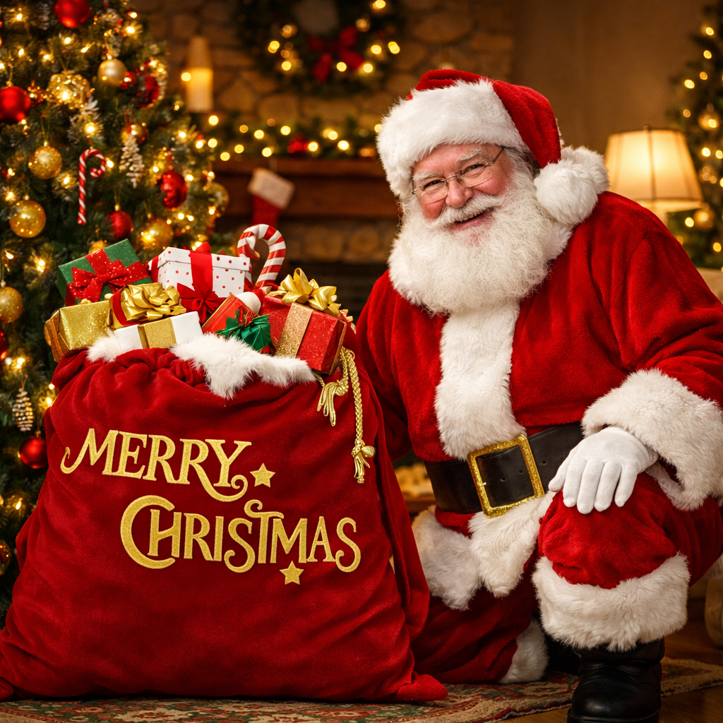 Embroidered Red Velvet Santa Gift Bag