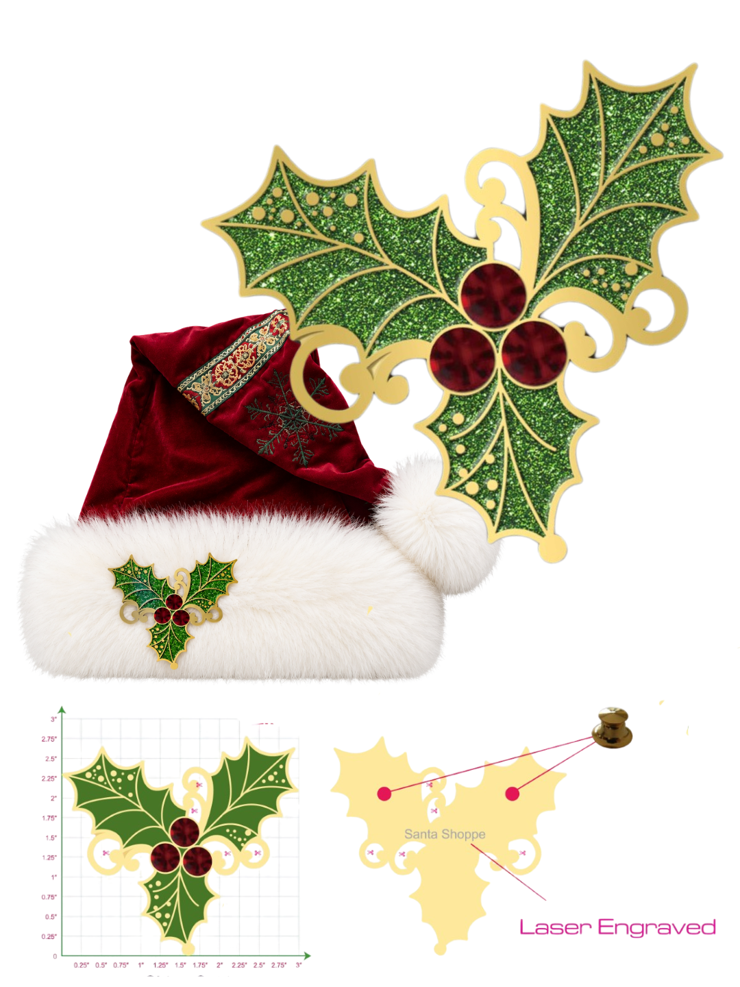 Glittering Holly and Sparkling Berries 3" Hat Pin or Brooch - Limited Edition