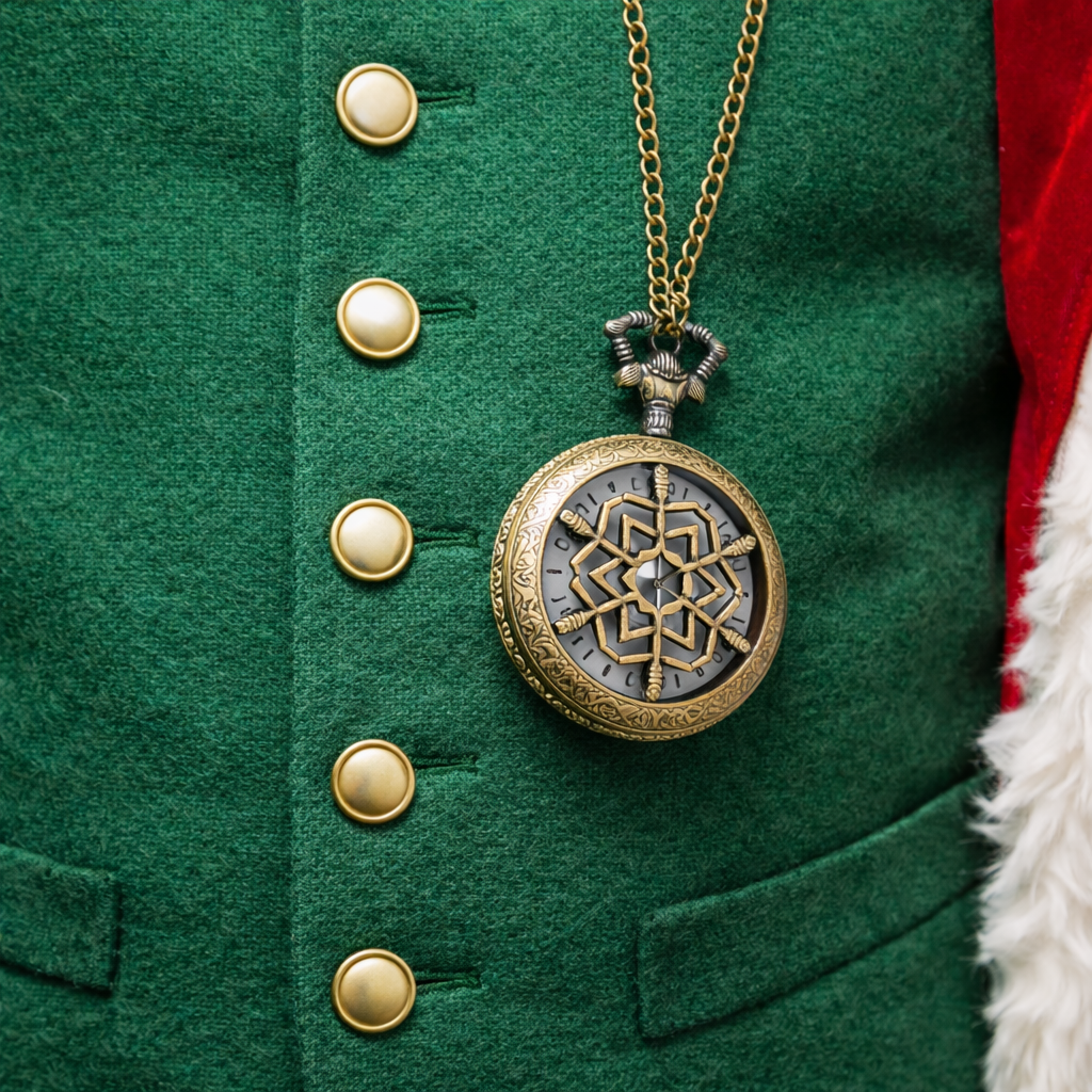 Snowflake Santa Pocket Watch with 16" Chain in a Rustic Patina