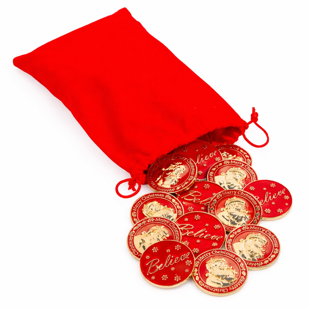 1 1/4"Santa Believe Metal Coins (24 Pieces) in Velvet Bag