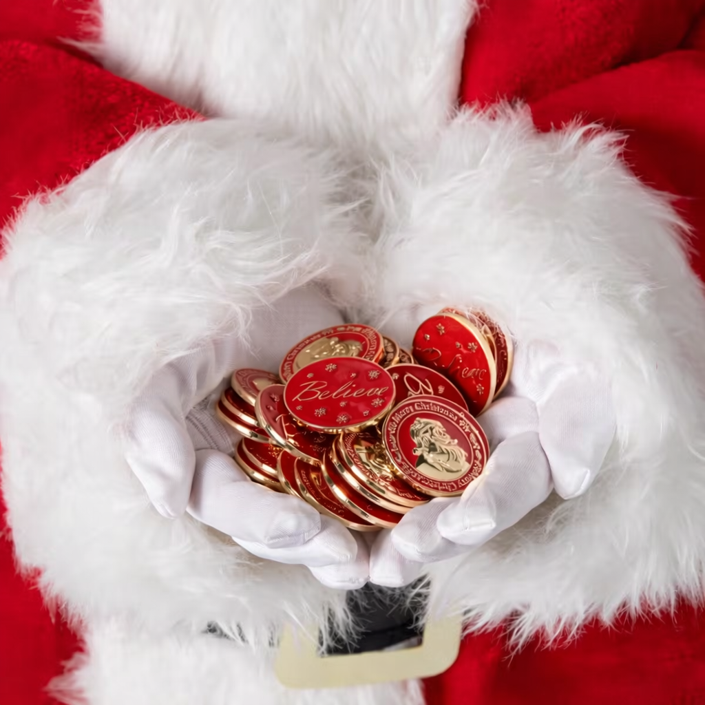1 1/4"Santa Believe Metal Coins (24 Pieces) in Velvet Bag