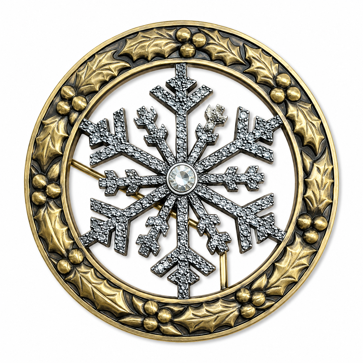 Antique Gold Holly Snowflake Santa Belt Buckle for a 4" Belt