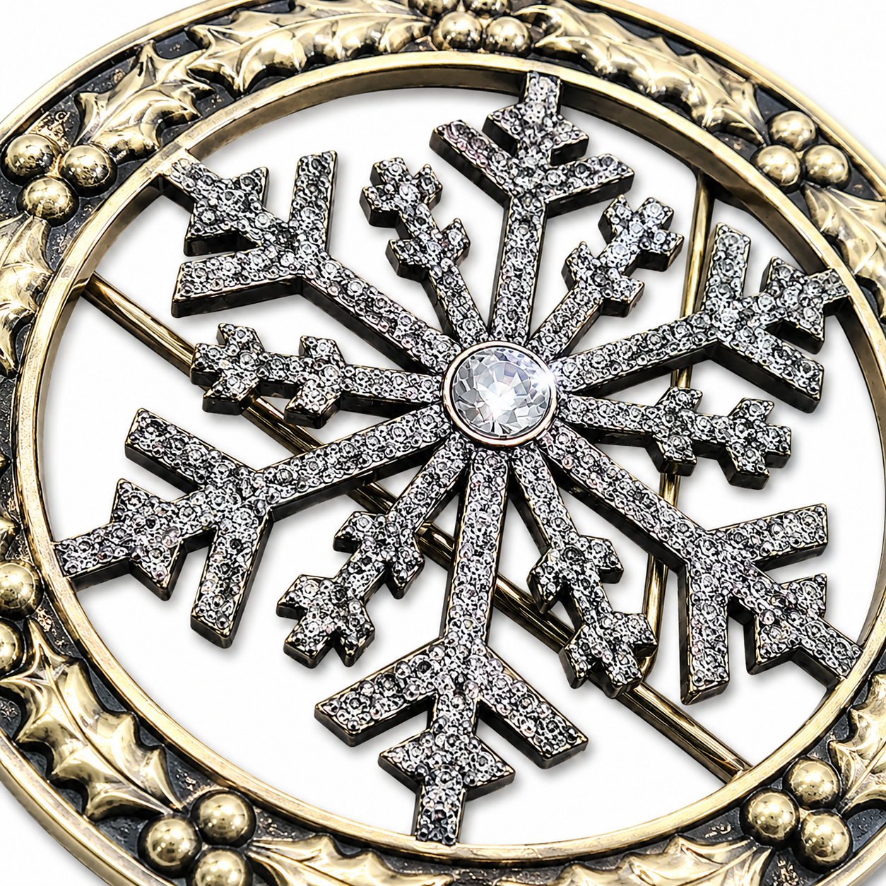 Antique Gold Holly Snowflake Santa Belt Buckle for a 4" Belt