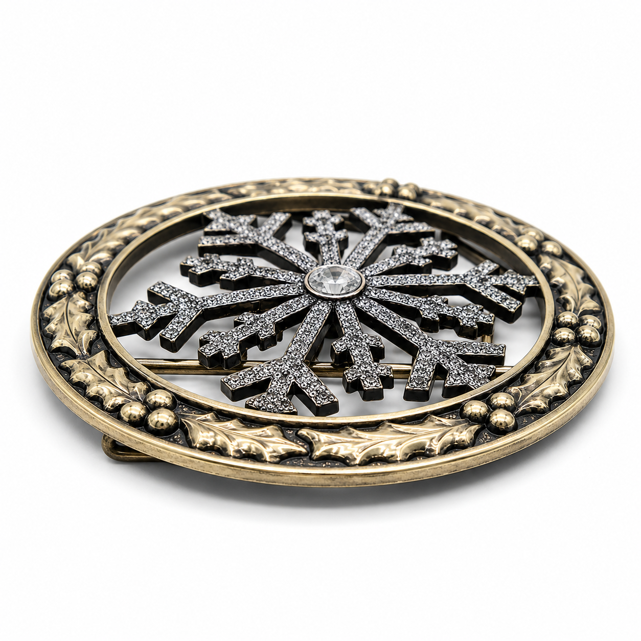 Antique Gold Holly Snowflake Santa Belt Buckle for a 4" Belt