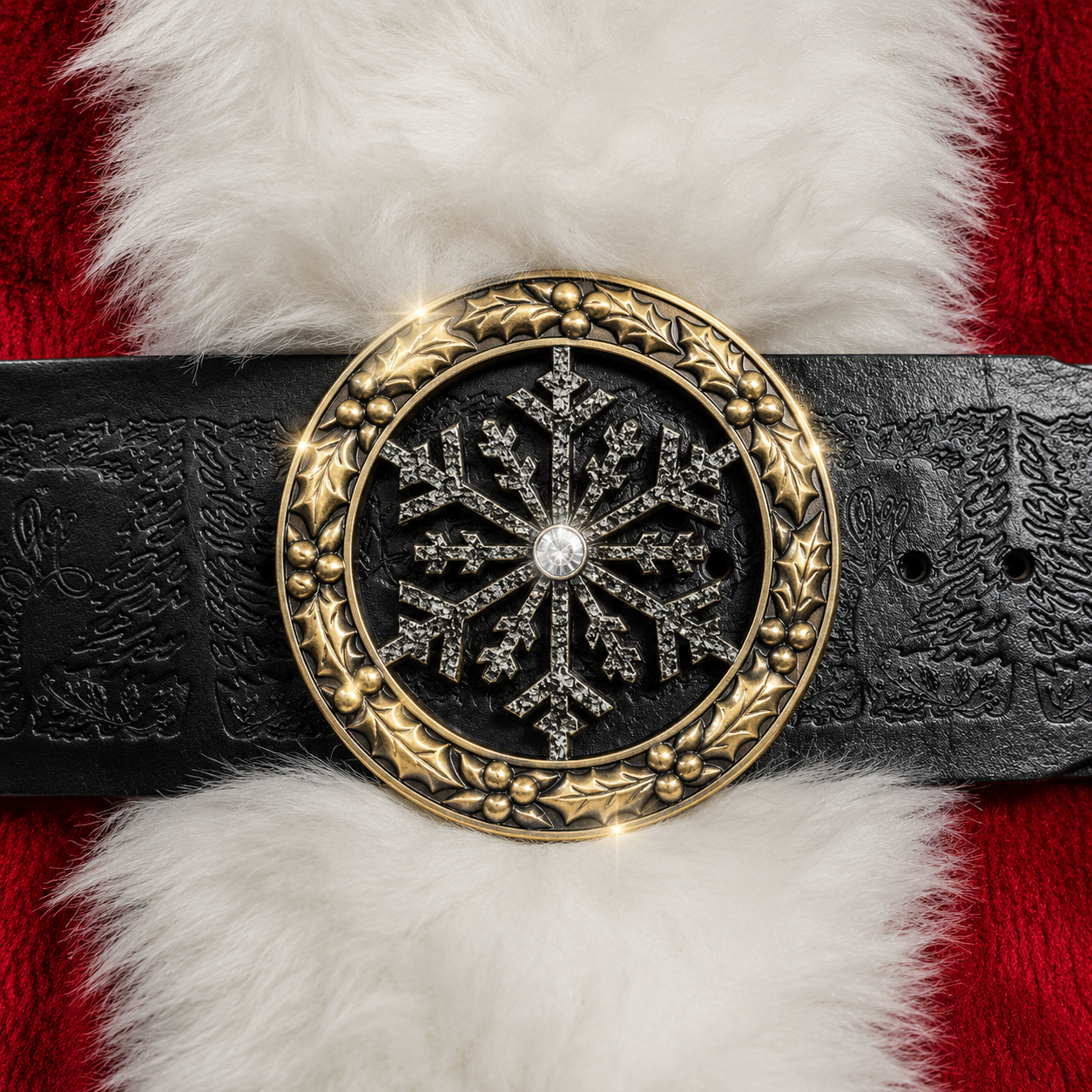 Antique Gold Holly Snowflake Santa Belt Buckle for a 4" Belt