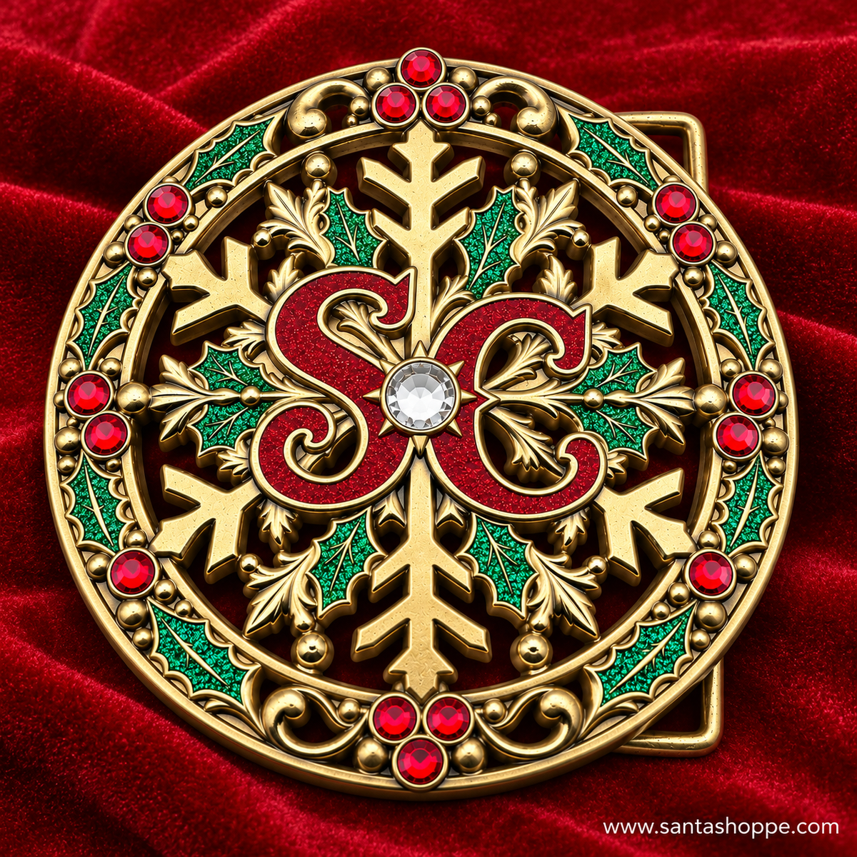 Antique Gold SC Santa Crystal Accent Belt Buckle with Holly & Snowflake - SHIPS 10/30