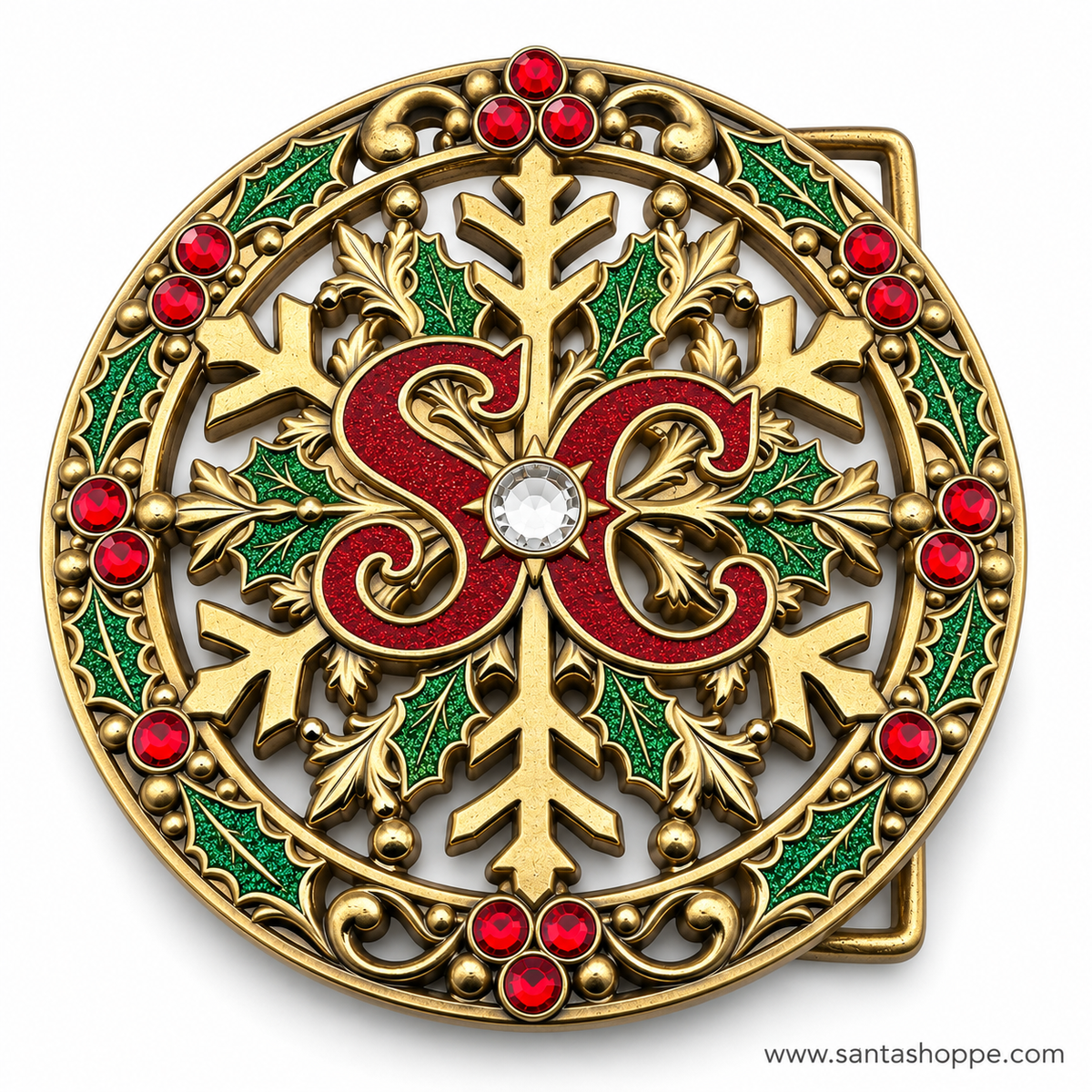 Antique Gold SC Santa Crystal Accent Belt Buckle with Holly & Snowflake - SHIPS 10/30