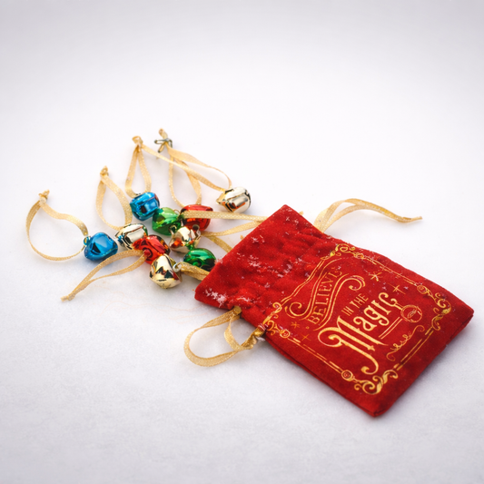 Bag of 10 Bells in Velvet BELIEVE Pouch for Santa Giveaways