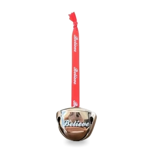 Set of 10 Silver BELIEVE Bells on Red Satin Ribbon
