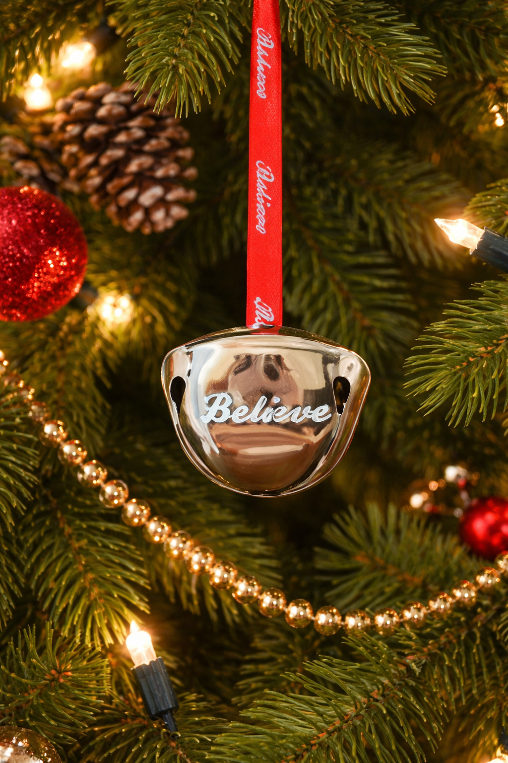 Set of 10 Silver BELIEVE Bells on Red Satin Ribbon