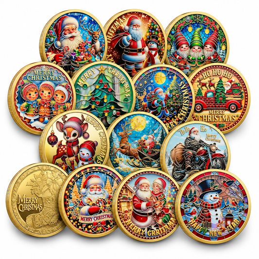 Set of 13 Colorful Santa Collector Coins - Assorted