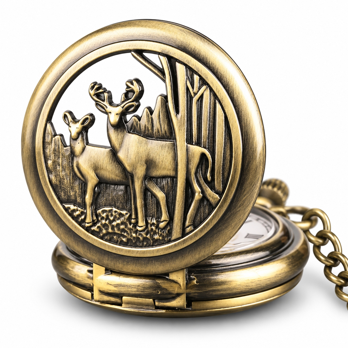 Antique Bronze Deer Duo Pocket Watch for Santa Vest