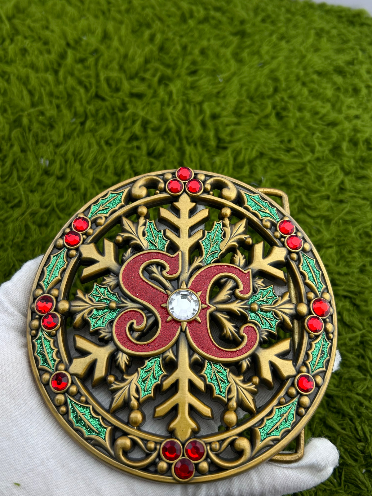 Antique Gold SC Santa Crystal Accent Belt Buckle with Holly & Snowflake - SHIPS 10/30