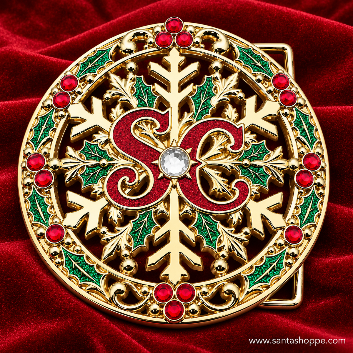 Gold SC Santa Crystal Accent Belt Buckle with Holly & Snowflake - SHIPS 10/30