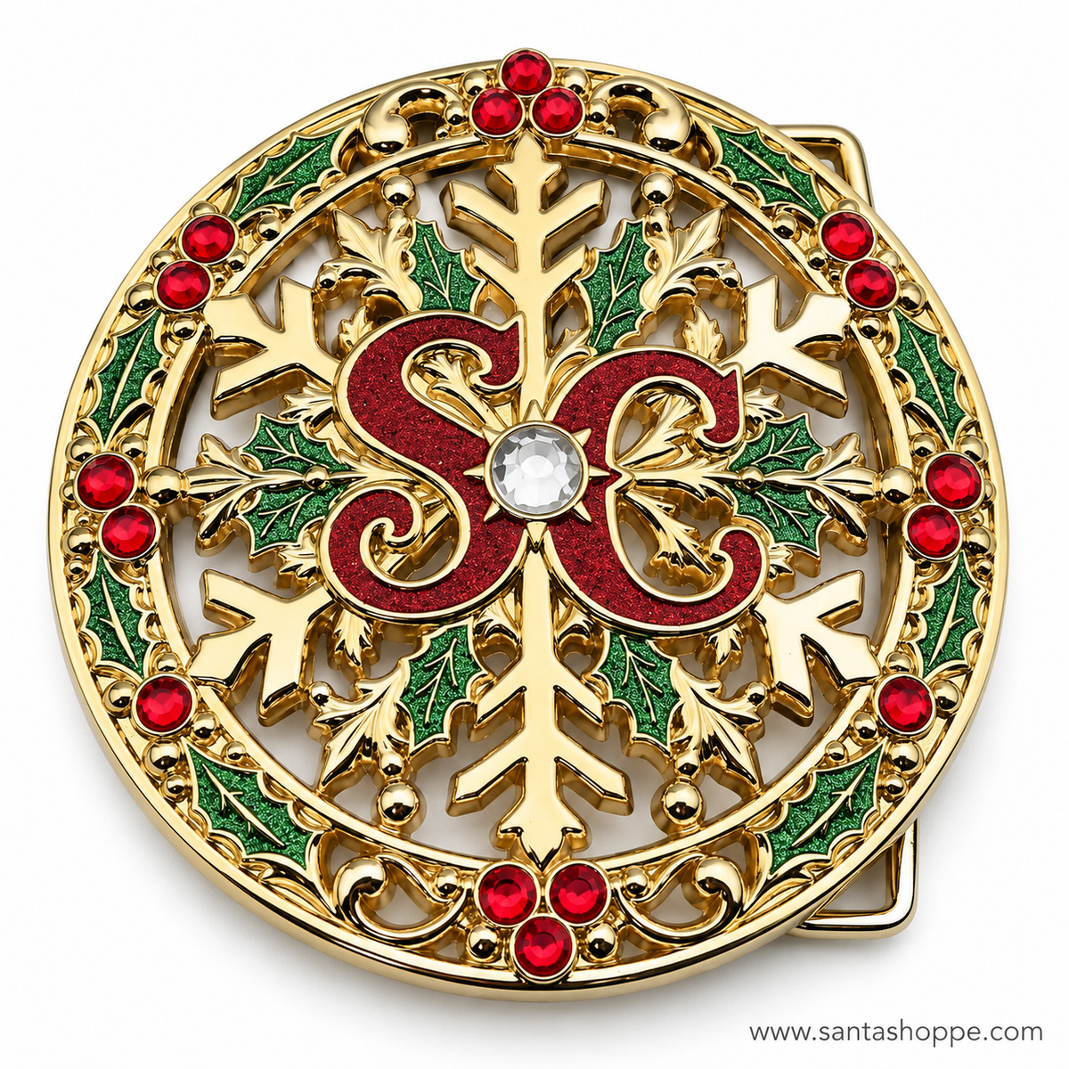 Gold SC Santa Crystal Accent Belt Buckle with Holly & Snowflake - SHIPS 10/30