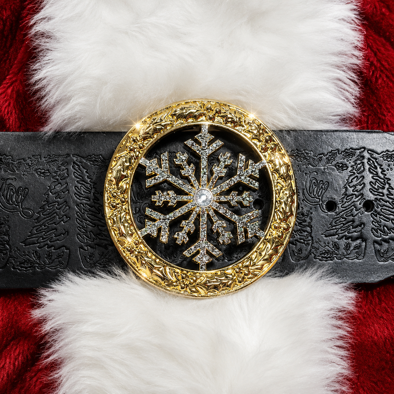 Gold Holly Snowflake Santa Belt Buckle for a 4" Belt