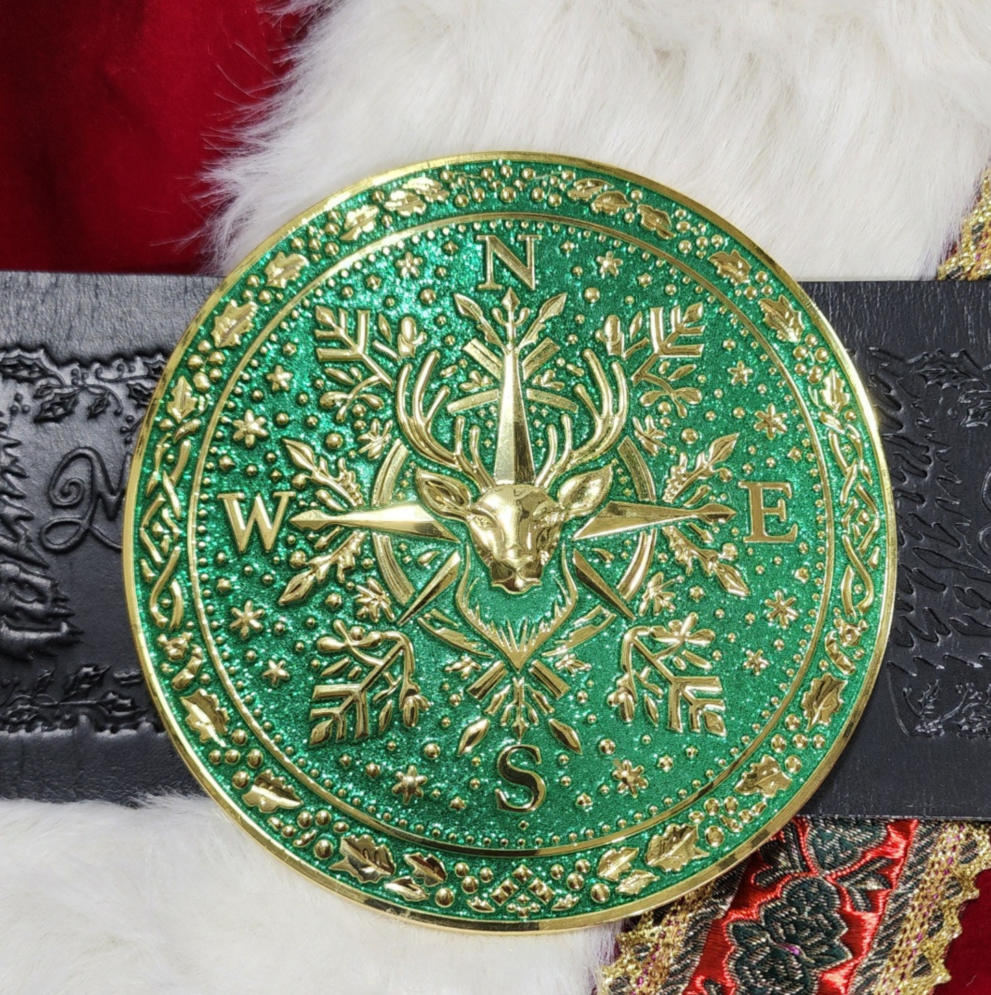 Nordic Reindeer Green Snowflake Santa Belt Buckle for up to 4" Belts