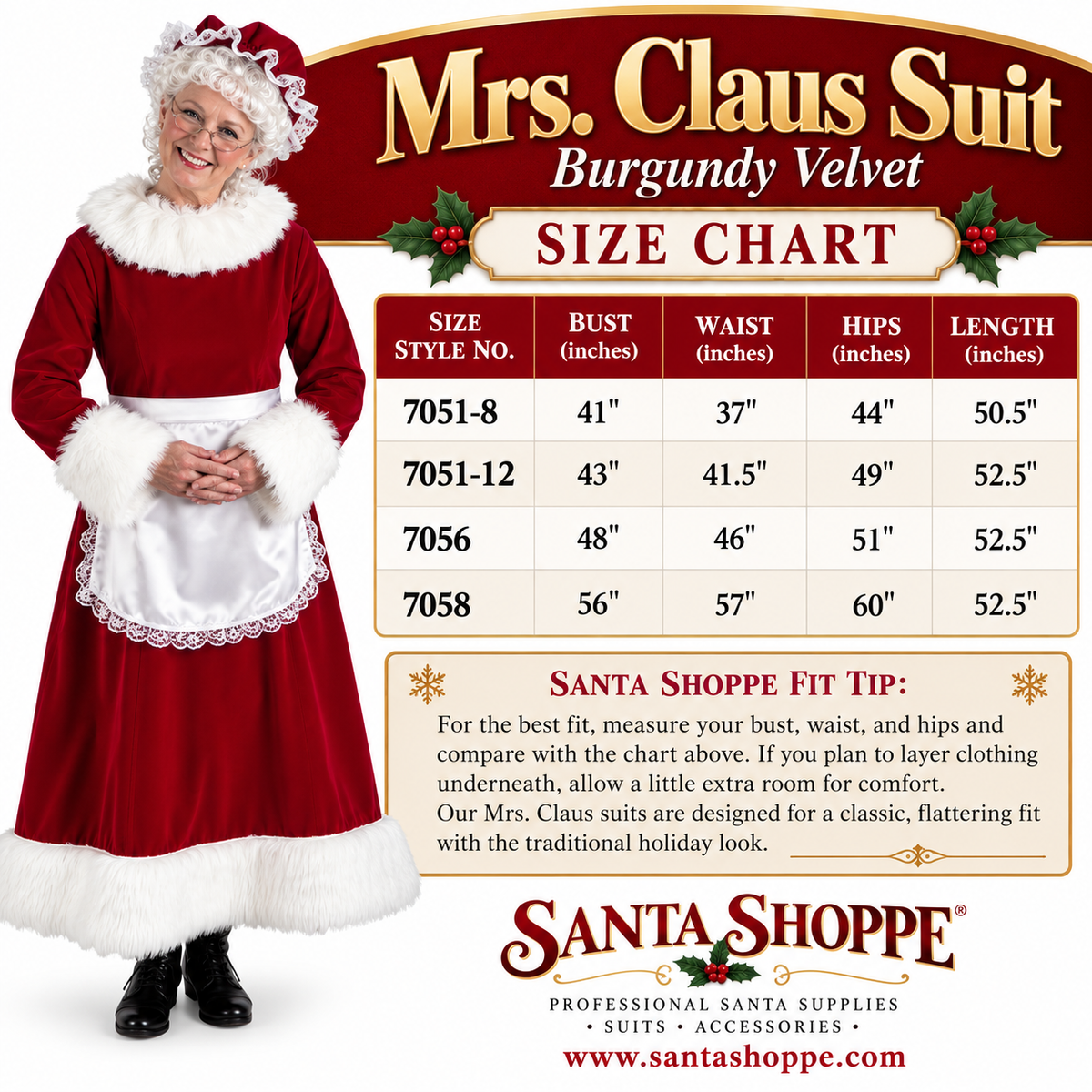 Women’s Burgundy Velvet Mrs. Claus Dress Costume - Large