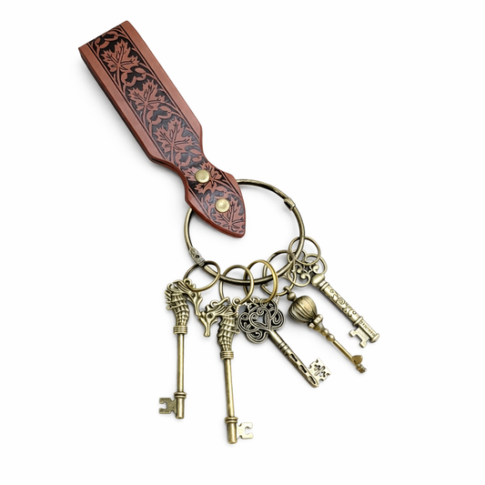 Nordic Leather Belt Keeper with 5 Skeleton Keys on Ring for Santa