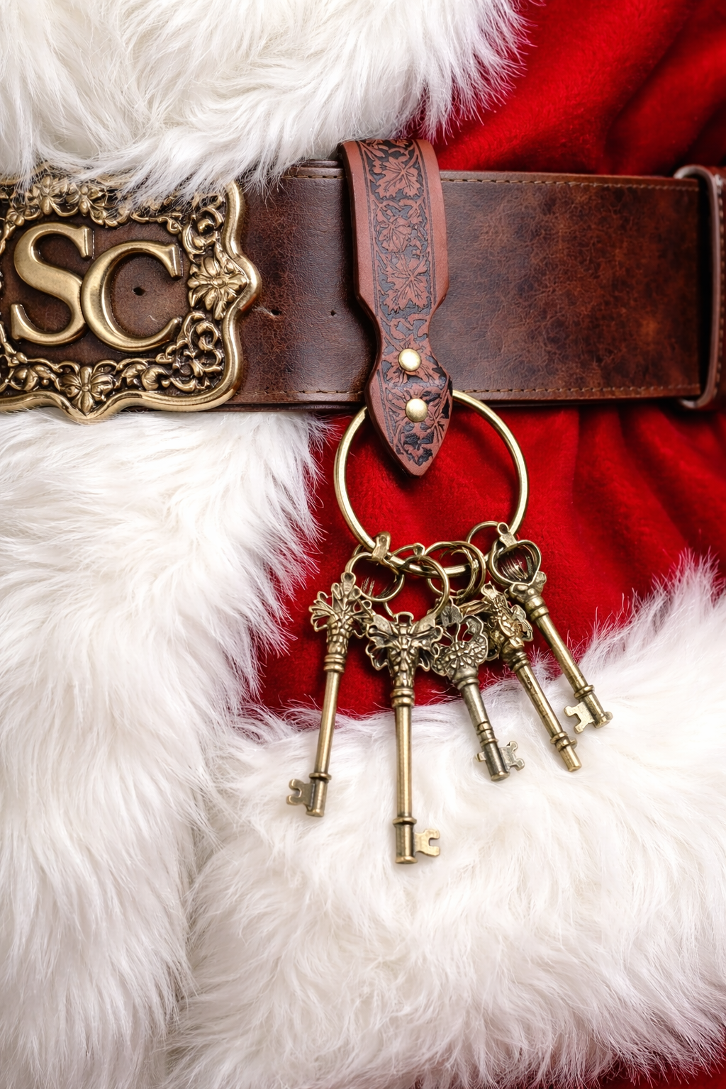 Nordic Leather Belt Keeper with 5 Skeleton Keys on Ring for Santa