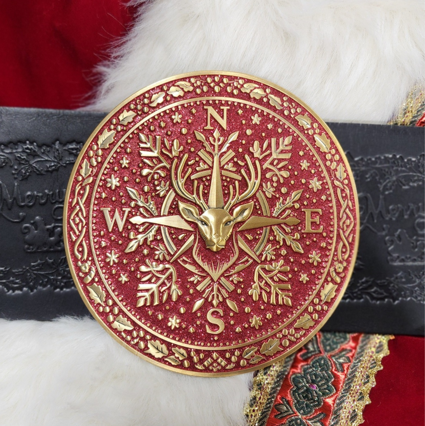 Nordic Reindeer Red Snowflake Santa Belt Buckle for up to 4" Belts