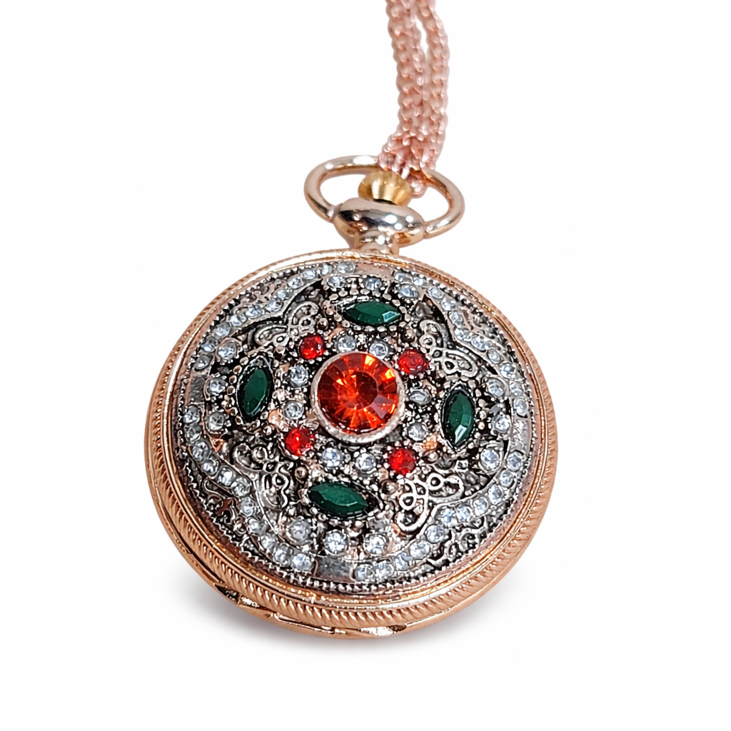 Red and Green Jeweled Rose Gold Pocket Watch for Santa
