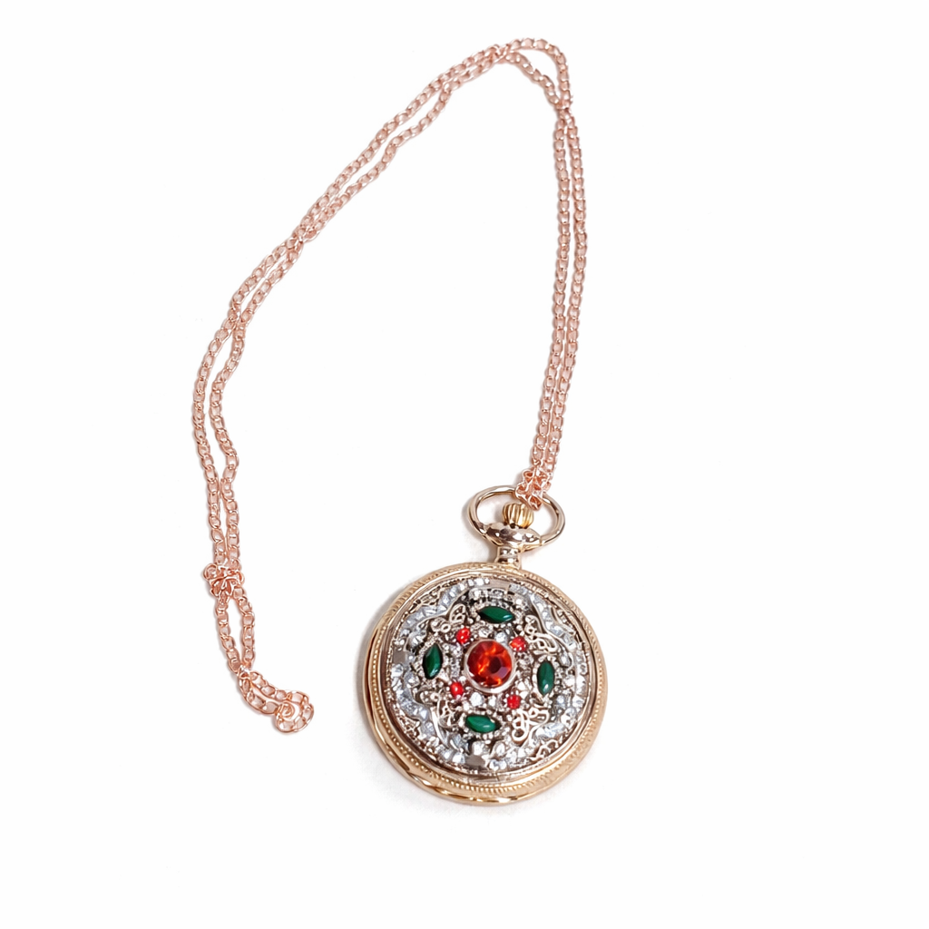 Red and Green Jeweled Rose Gold Pocket Watch for Santa