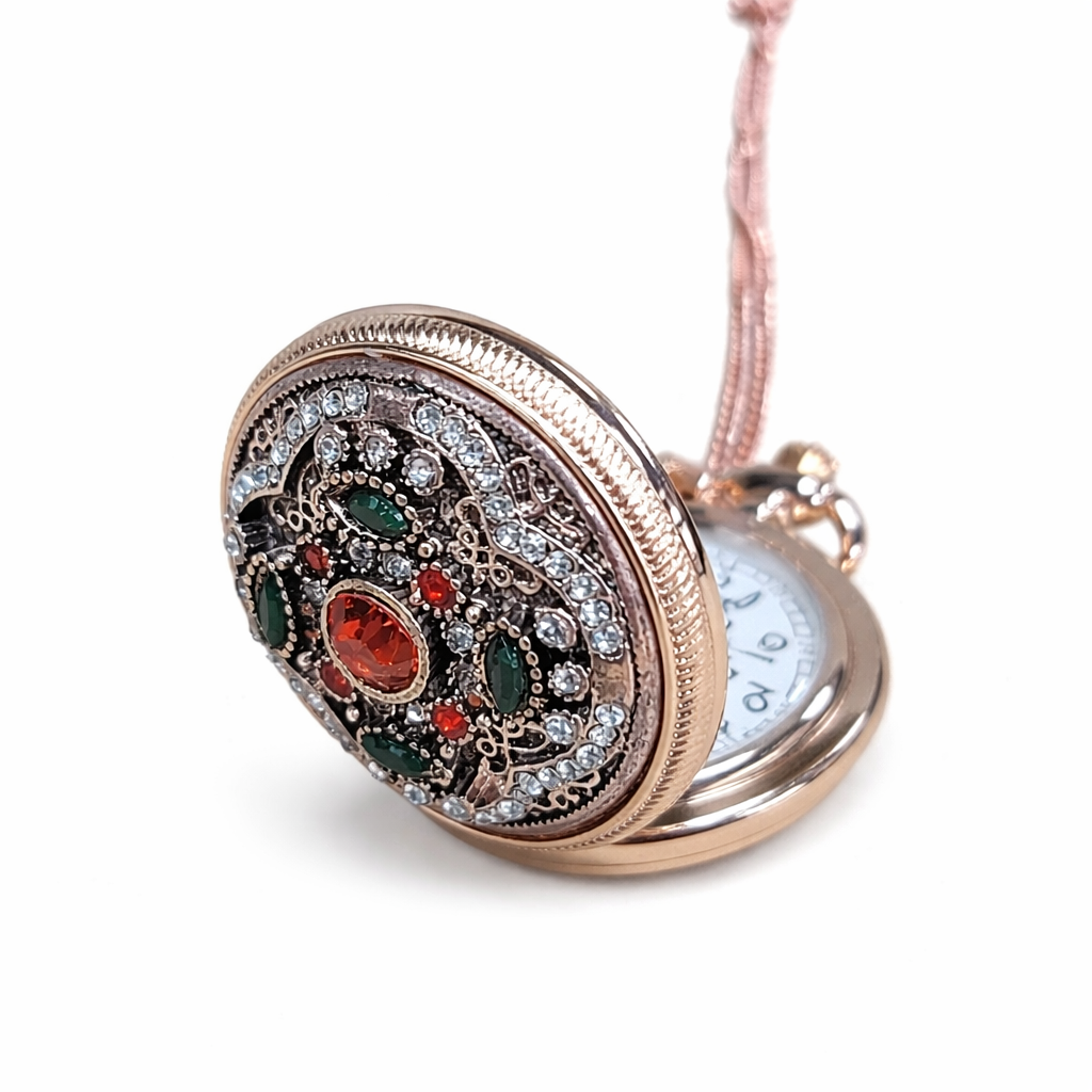 Red and Green Jeweled Rose Gold Pocket Watch for Santa