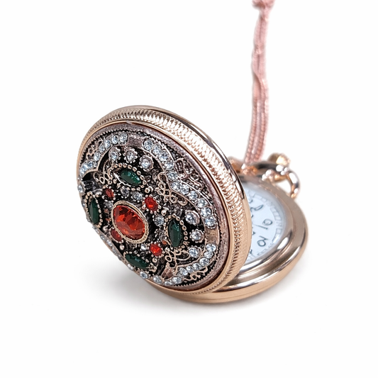 Red and Green Jeweled Rose Gold Pocket Watch for Santa
