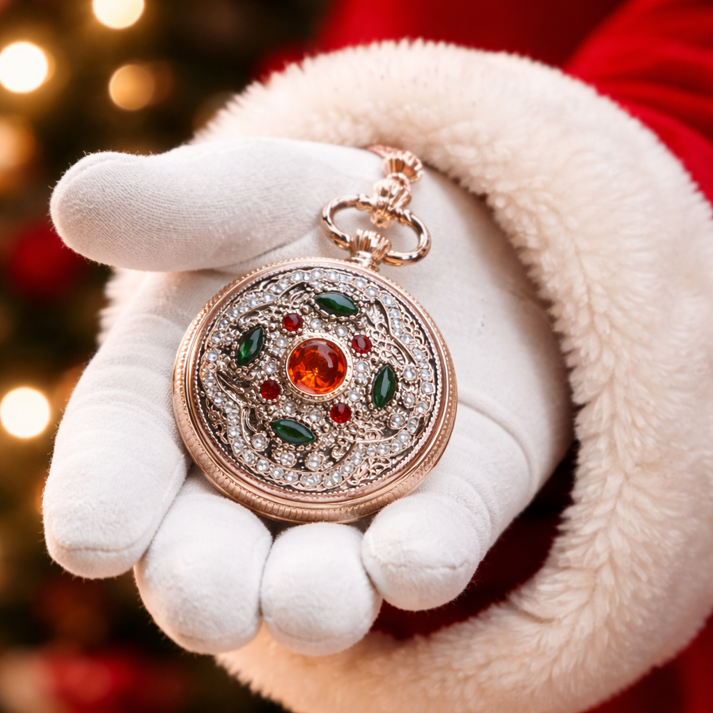 Red and Green Jeweled Rose Gold Pocket Watch for Santa