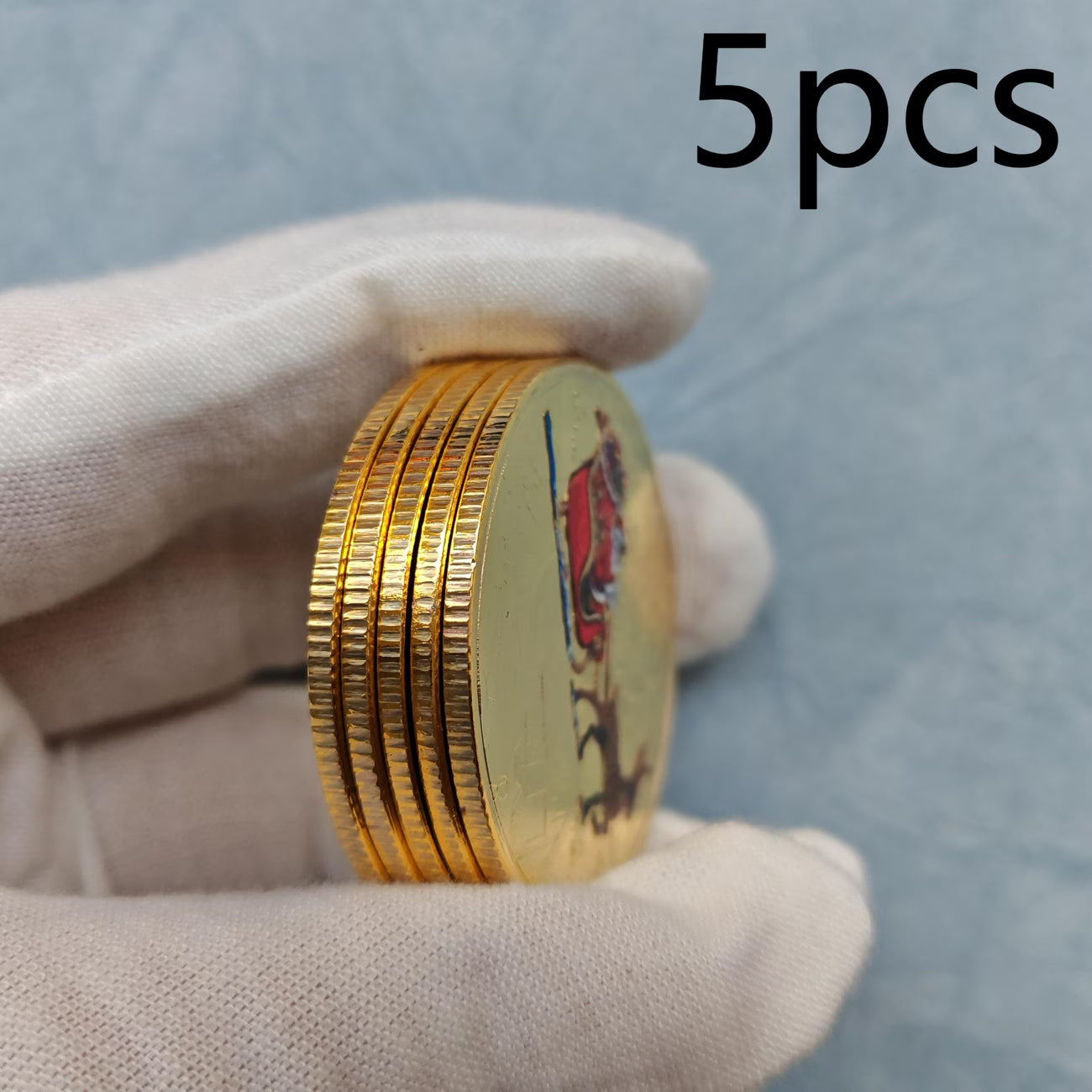 5 Santa MERRY CHRISTMAS two-sided Gold Coins in Plastic Cases