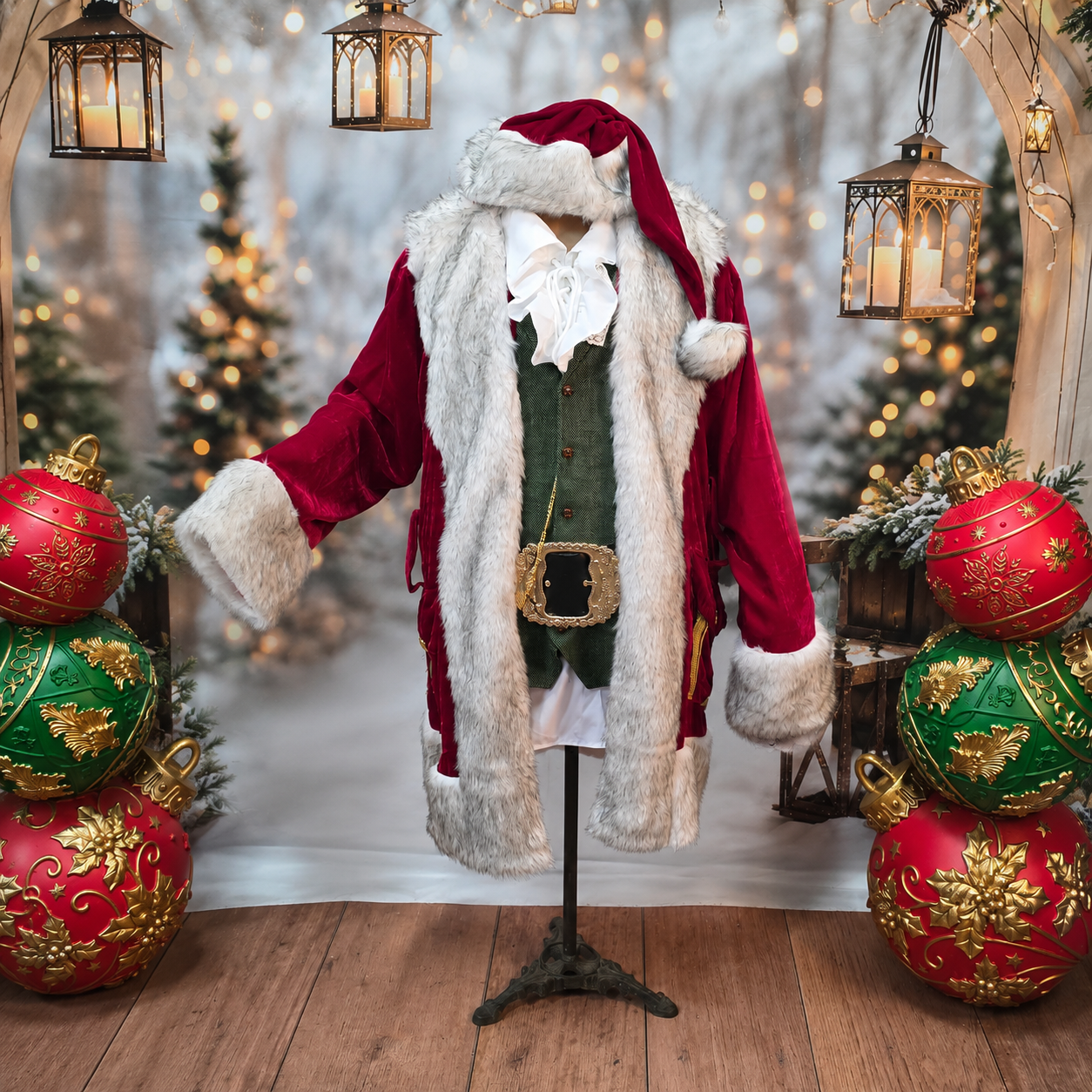 Black Tipped Fur Economy Velvet Santa Suit with Vest and Shirt - 3XL