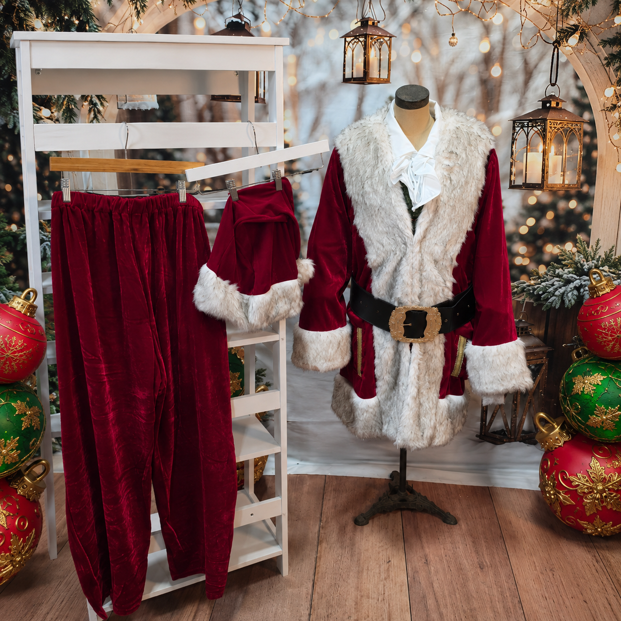 Black Tipped Fur Economy Velvet Santa Suit with Vest and Shirt - 3XL
