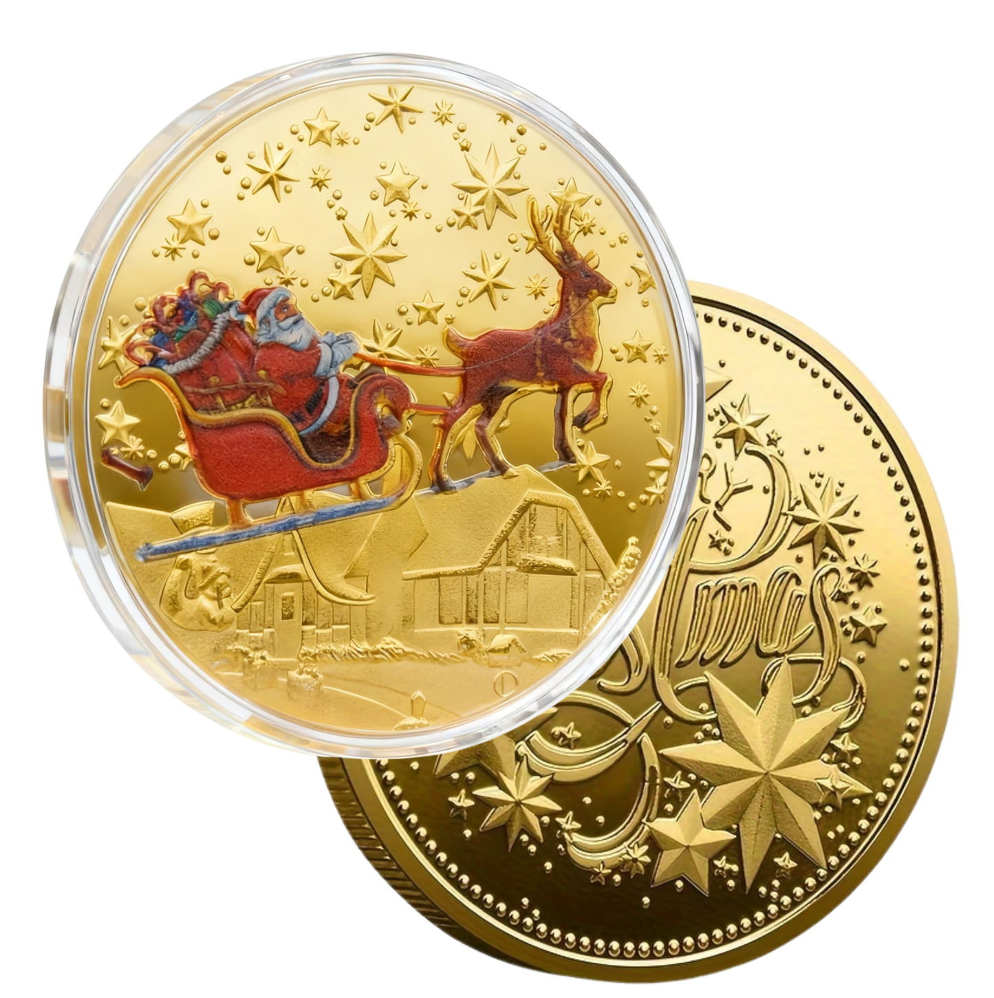 5 Santa MERRY CHRISTMAS two-sided Gold Coins in Plastic Cases