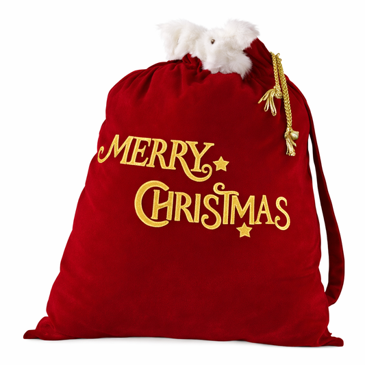 Embroidered Red Velvet Santa Gift Bag