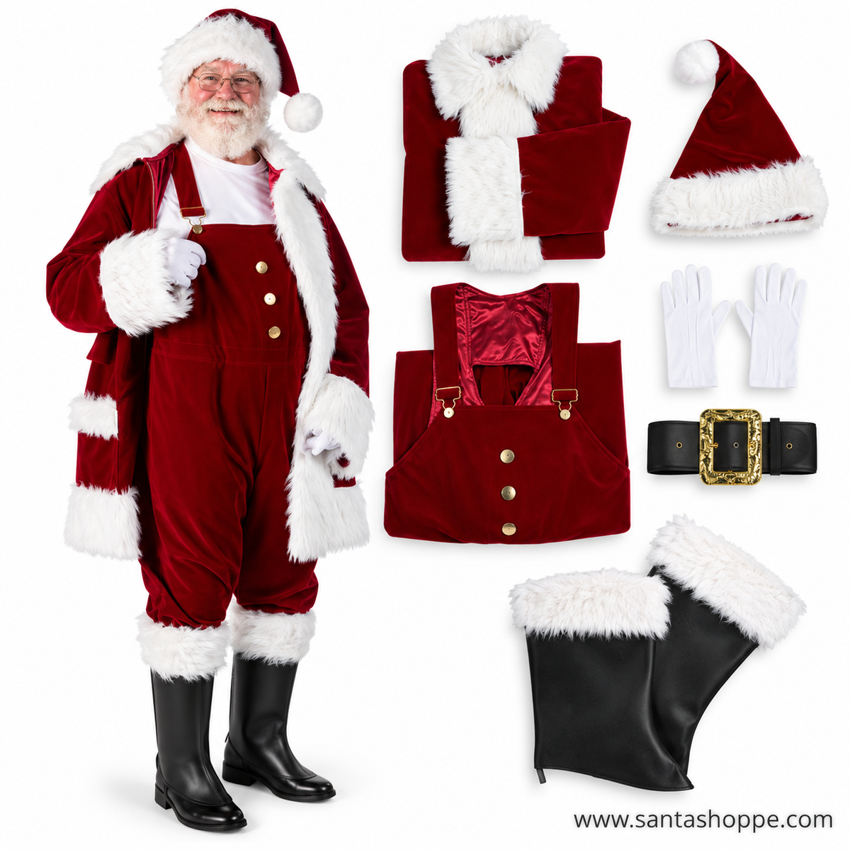 Men's Burgundy Velvet Santa Suit with Overalls Costume - XL