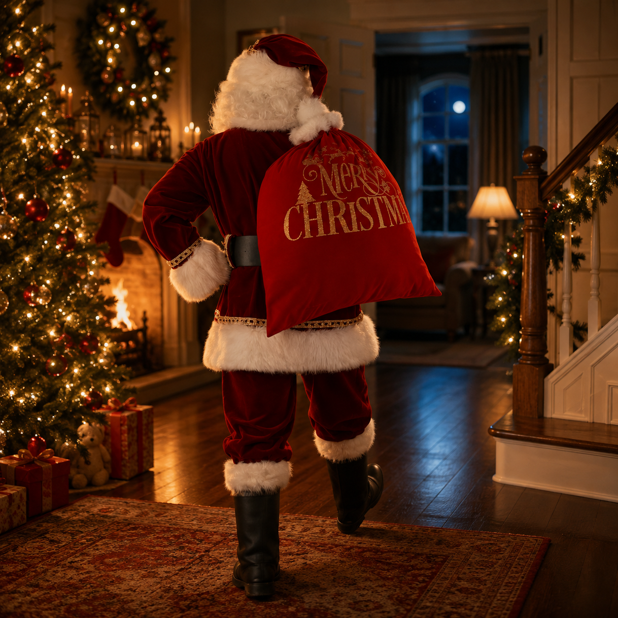 Economy Red Velvet Santa Bag with GOLD Merry Christmas