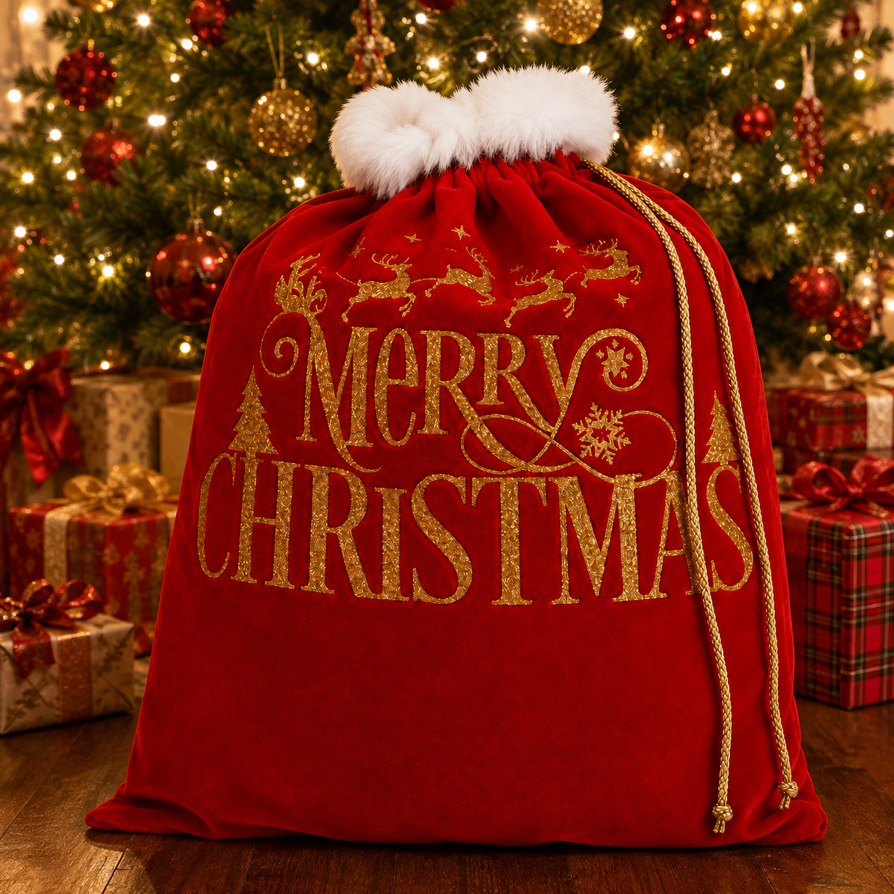 Economy Red Velvet Santa Bag with GOLD Merry Christmas