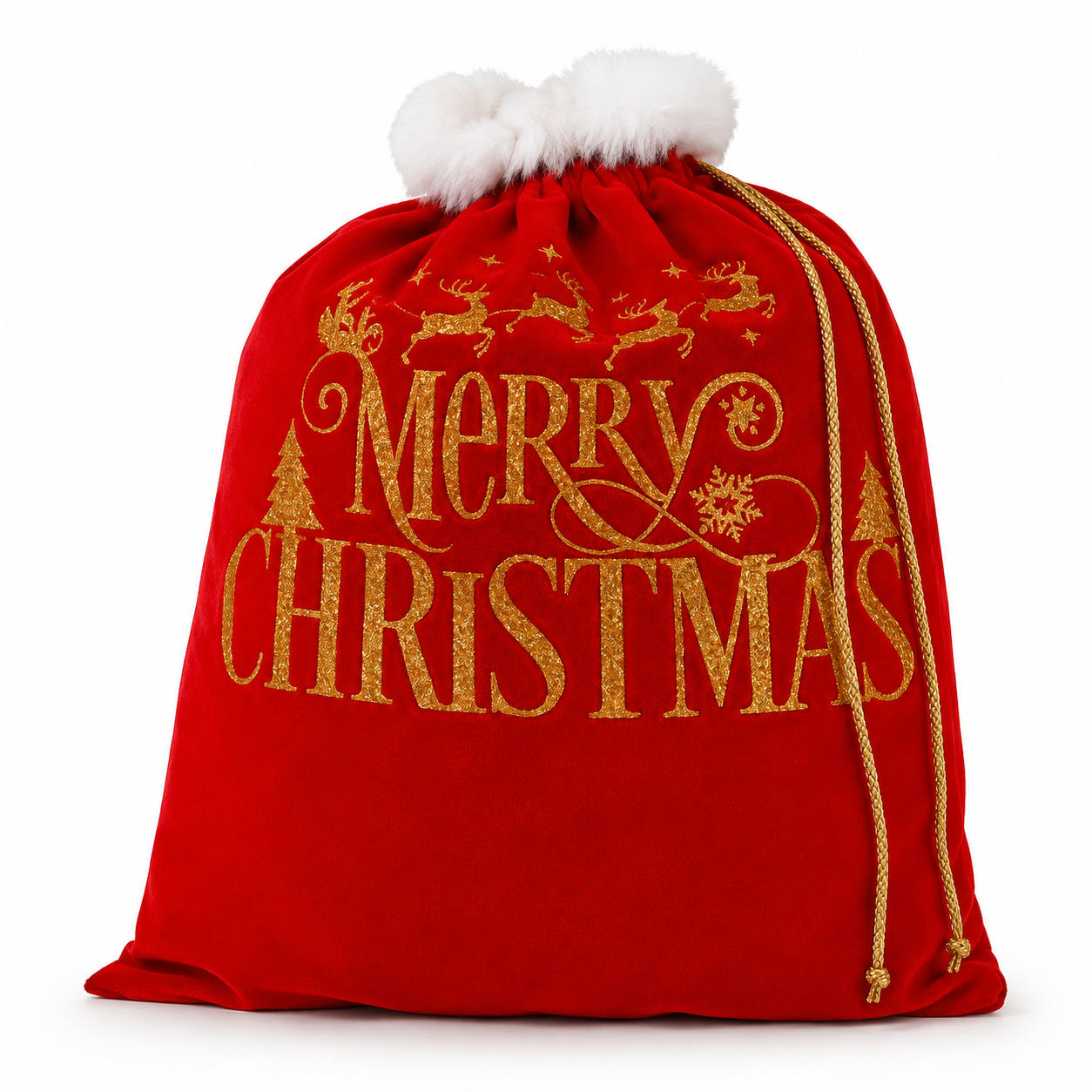Economy Red Velvet Santa Bag with GOLD Merry Christmas