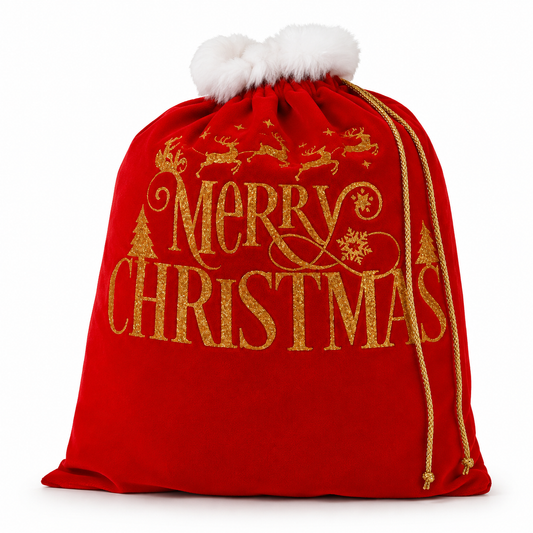 Economy Red Velvet Santa Bag with GOLD Merry Christmas