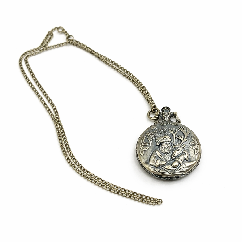 Santa and Reindeer Pocket Watch Necklace – Antique Bronze