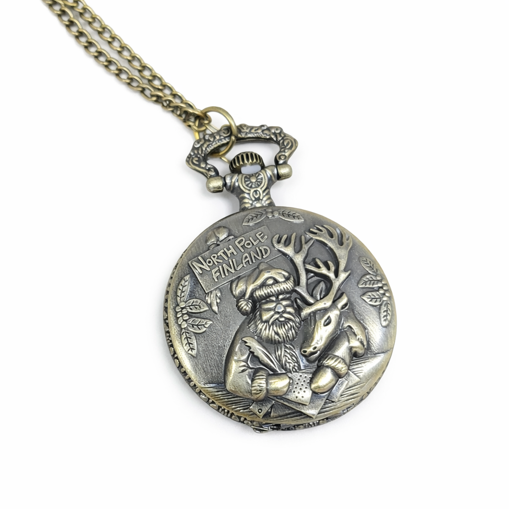 Santa and Reindeer Pocket Watch Necklace – Antique Bronze