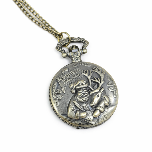 Santa and Reindeer Pocket Watch Necklace – Antique Bronze
