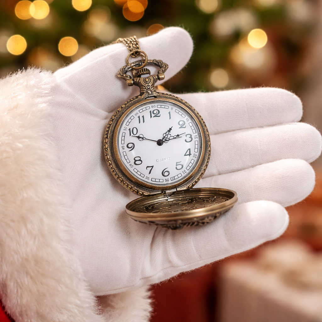 Santa and Reindeer Pocket Watch Necklace – Antique Bronze
