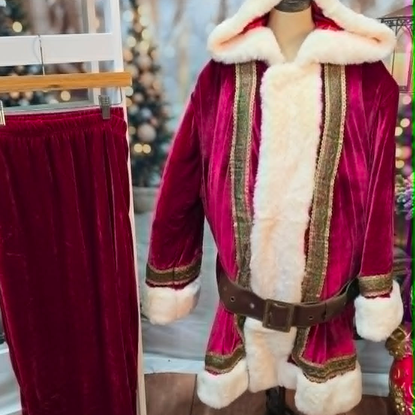 Wine Red Hooded Santa Suit with Brocade Trim - 3XL