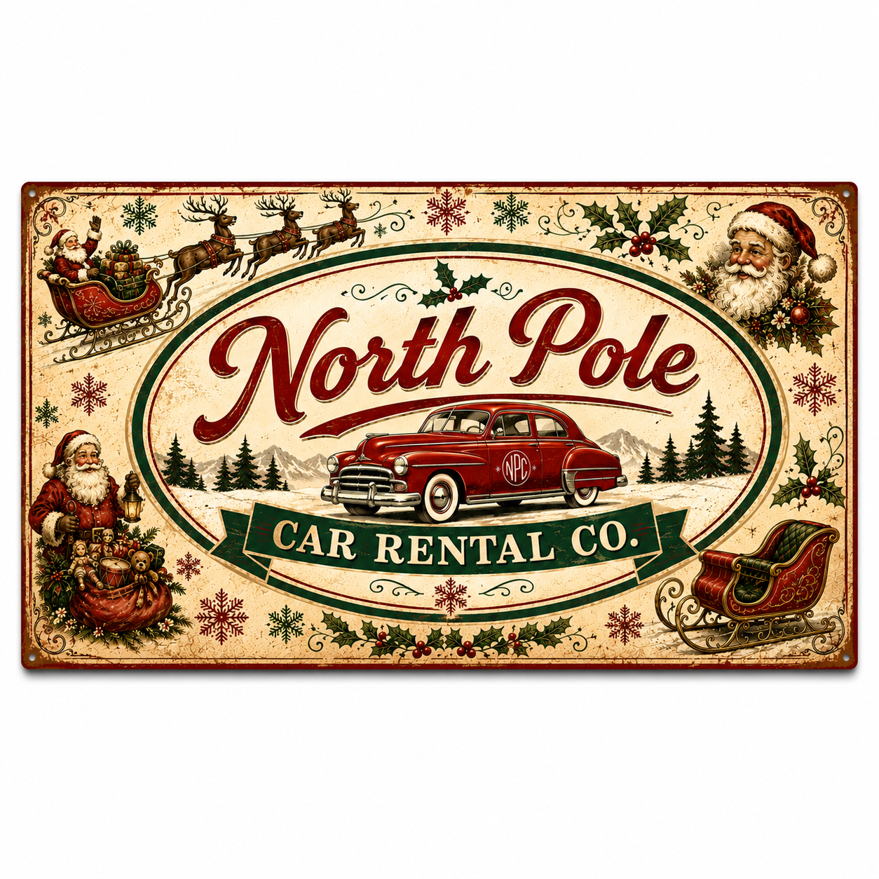 North Pole Car Rental Company Magnet 20"x10"